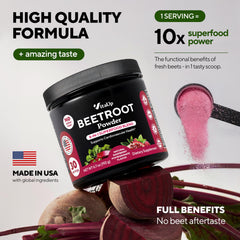 VitaUp Beet Root Powder with fresh berries backdrop highlights berry flavor for enjoyable use.