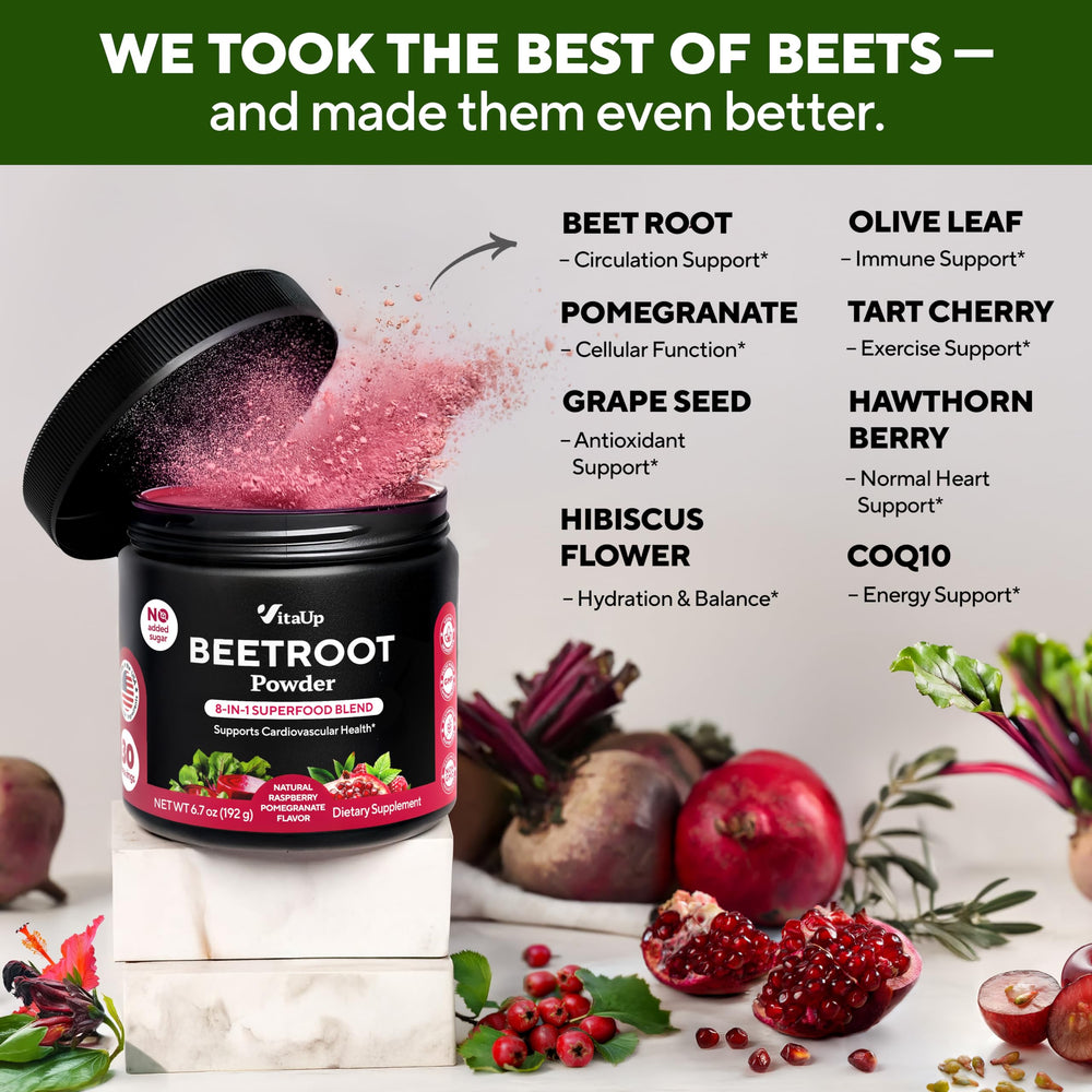 VitaUp Beet Root Powder ingredients spread highlights antioxidants.