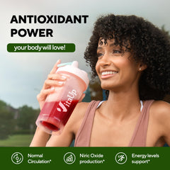 VitaUp Beet Root Powder with mixed berry backdrop highlights berry flavor for enjoyable use.