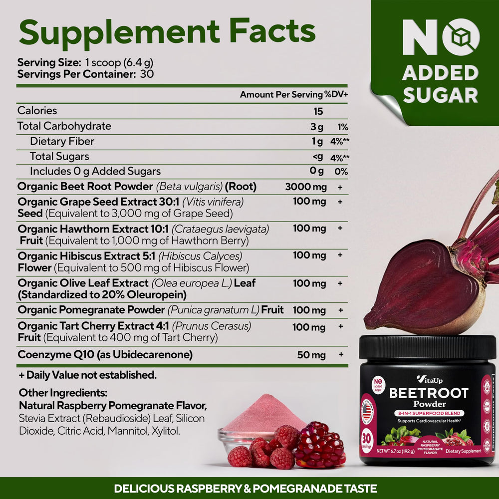 VitaUp Beet Root Powder scoop in jar for easy daily mixing.