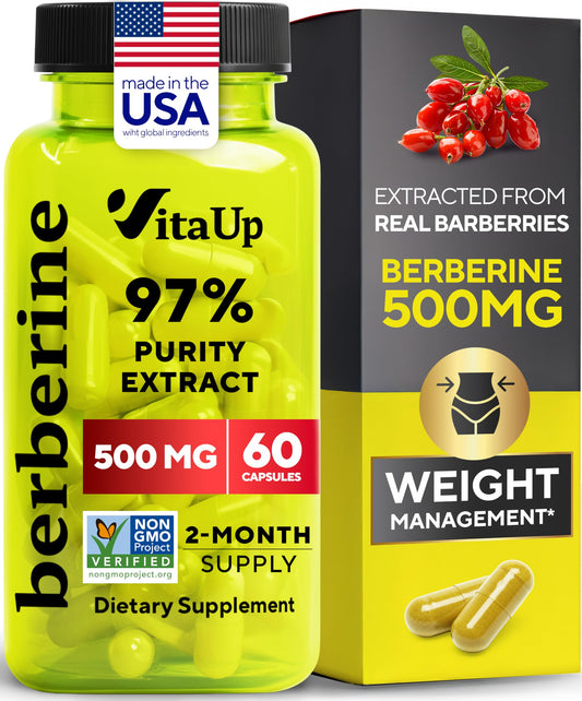 VitaUp Berberine bottle front highlights 500 mg potency for daily wellness.