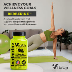 VitaUp Berberine bottle with glass suggests convenient daily intake.