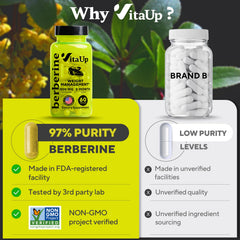 VitaUp Berberine packaging box emphasizes non-GMO and gluten-free messaging.