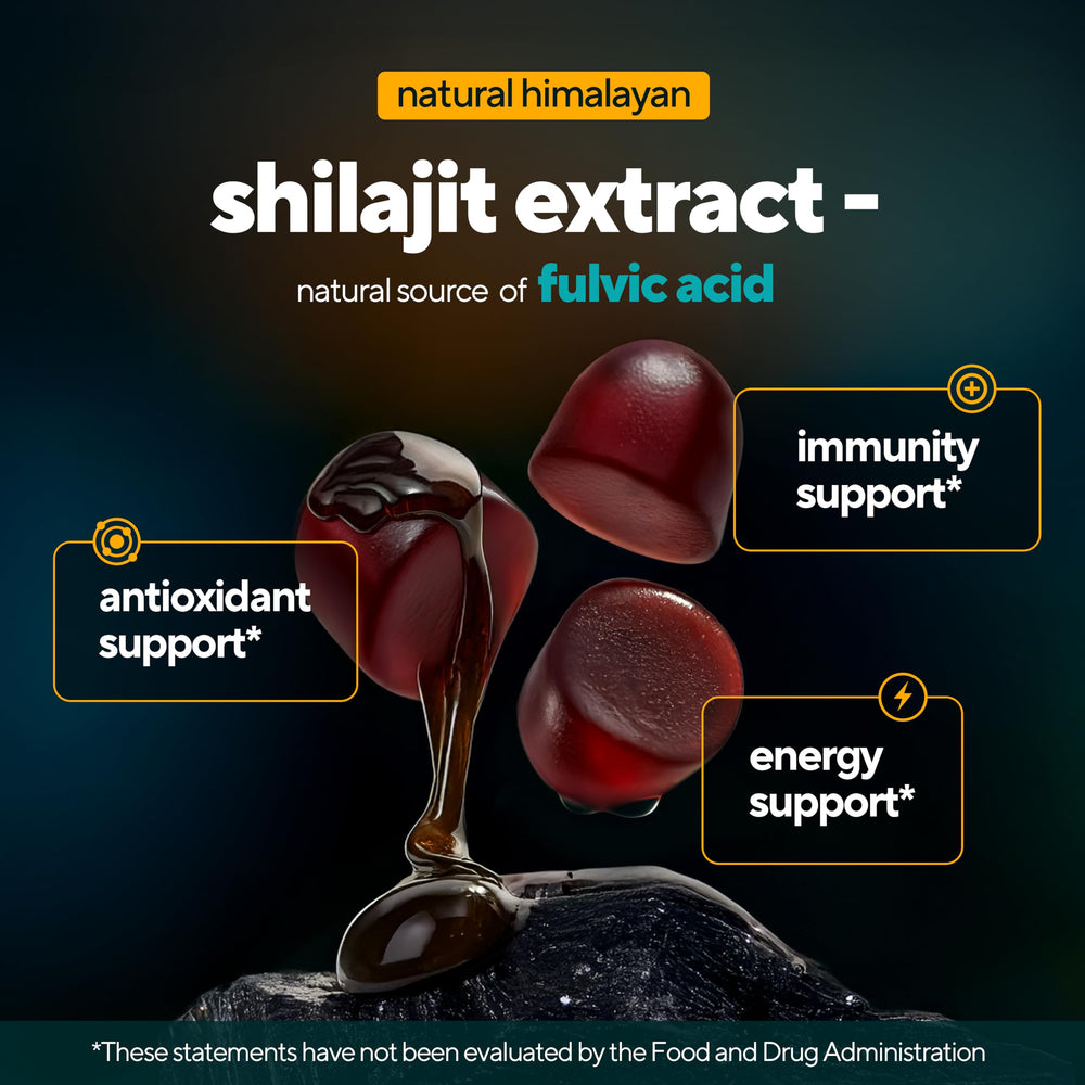VitaUp Shilajit Gummies mineral panel on packaging highlights fulvic acid.