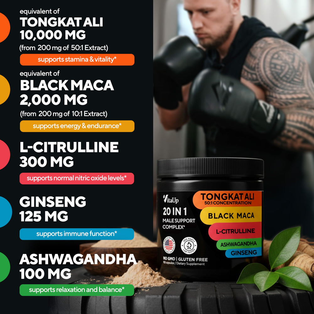 VitaUp Tongkat Ali bottle displayed for endurance and vitality.