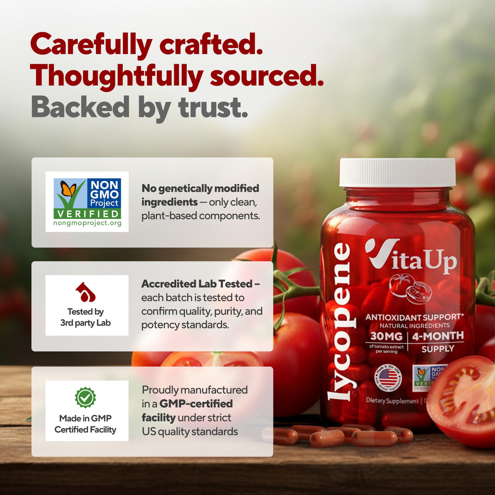 VitaUp GMP-certified facility seal indicating product quality.