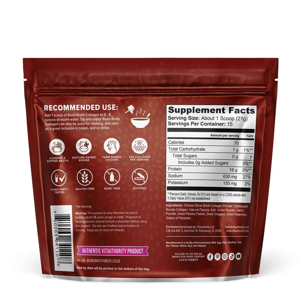 Vitauthority bone broth collagen powder packaging for easy use and storage