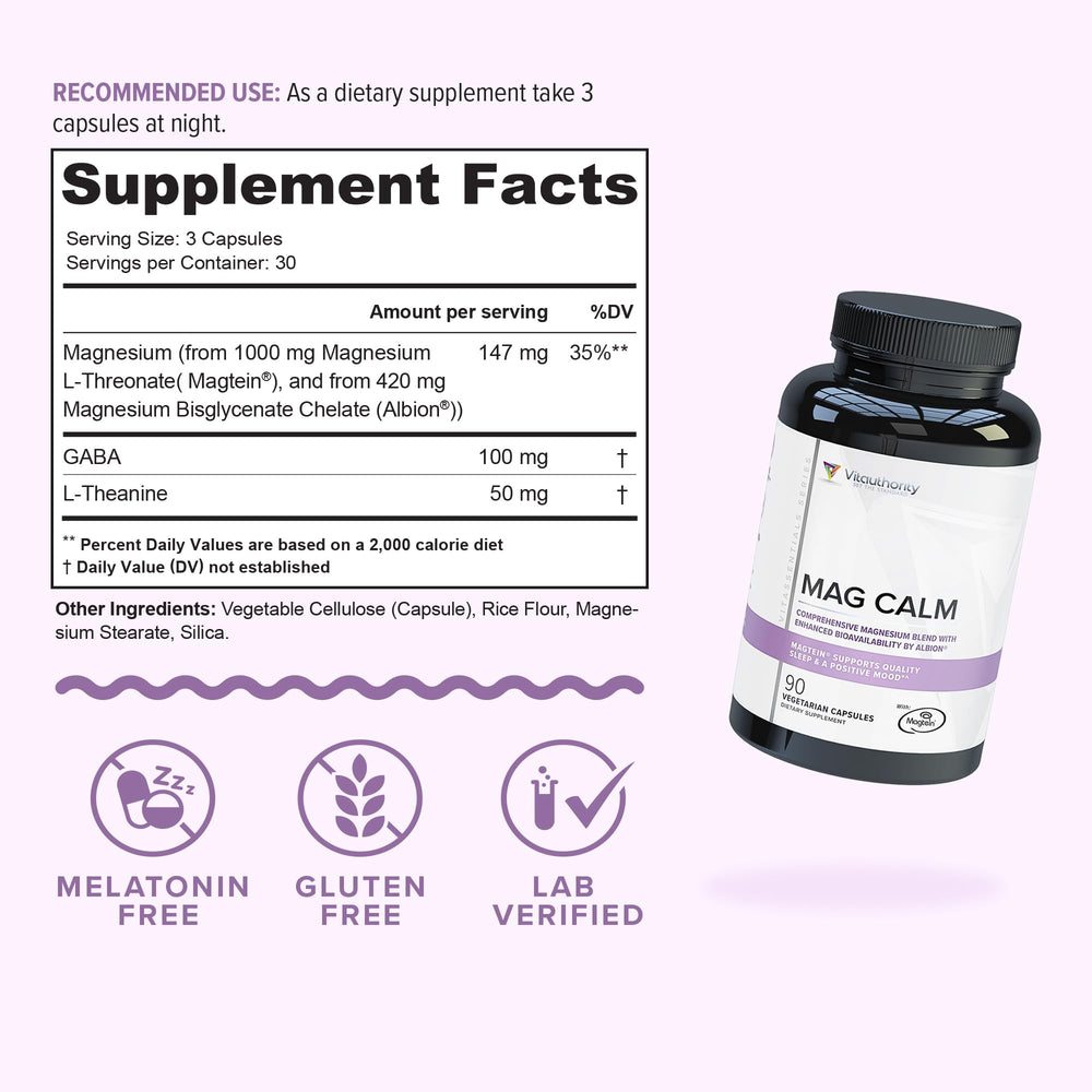 Vitauthority Mag Calm capsules closeup showing a gentle, stomach-friendly relaxation option