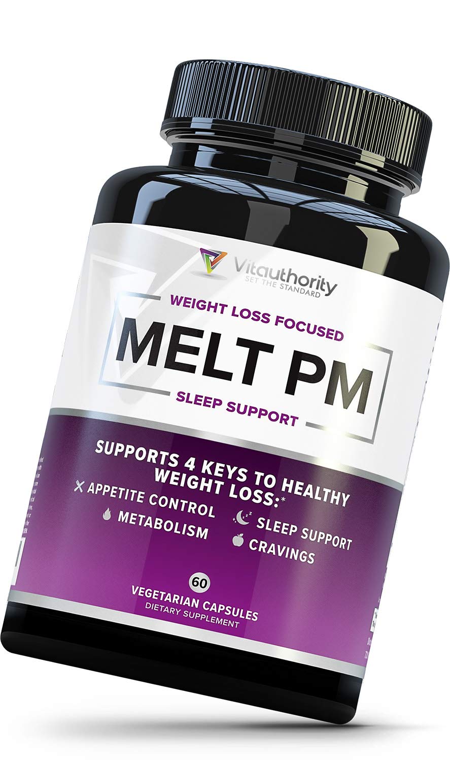 Vitauthority MELT PM bottle highlighting sleep support and gentle dosing.