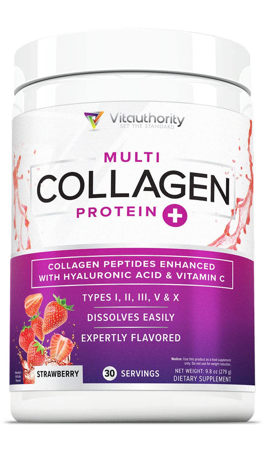Vitauthority Multi Collagen Strawberry bottle front promotes hair, skin, and nails.
