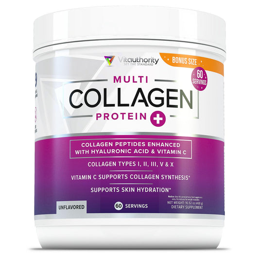 Vitauthority Multi Collagen Women bottle showing an easy-to-mix, unflavored powder.