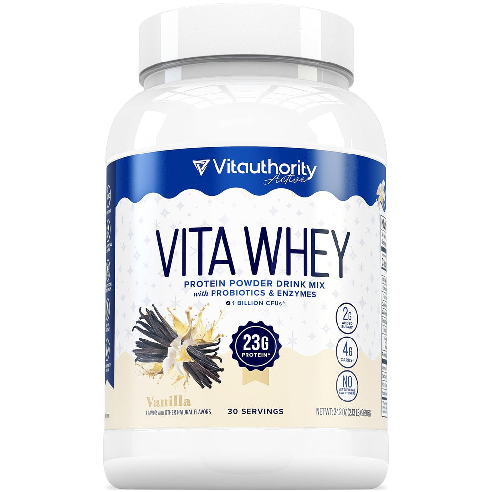 Vitauthority Whey Protein for Women vanilla tub highlighting high-protein post-workout fueling