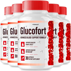 Vitavault Glucofort bottle-pack shows easy-to-swallow capsules for daily wellness support.