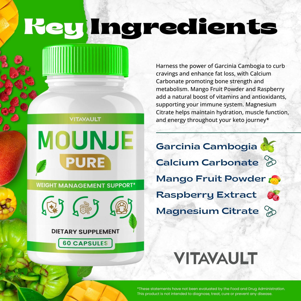 Vitavault Mounje Pure Keto Capsules on counter with glass of water