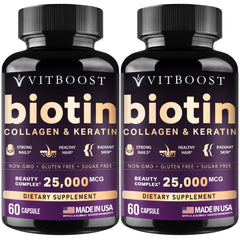 Vitboost Biotin with Hyaluronic Acid capsules highlighting hair and skin care benefits