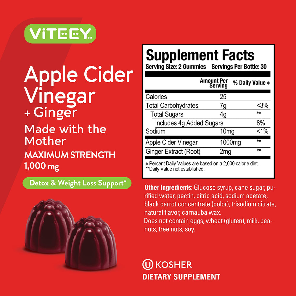 Viteey Apple Cider Vinegar Gummies with ginger on kitchen counter ready for detox.