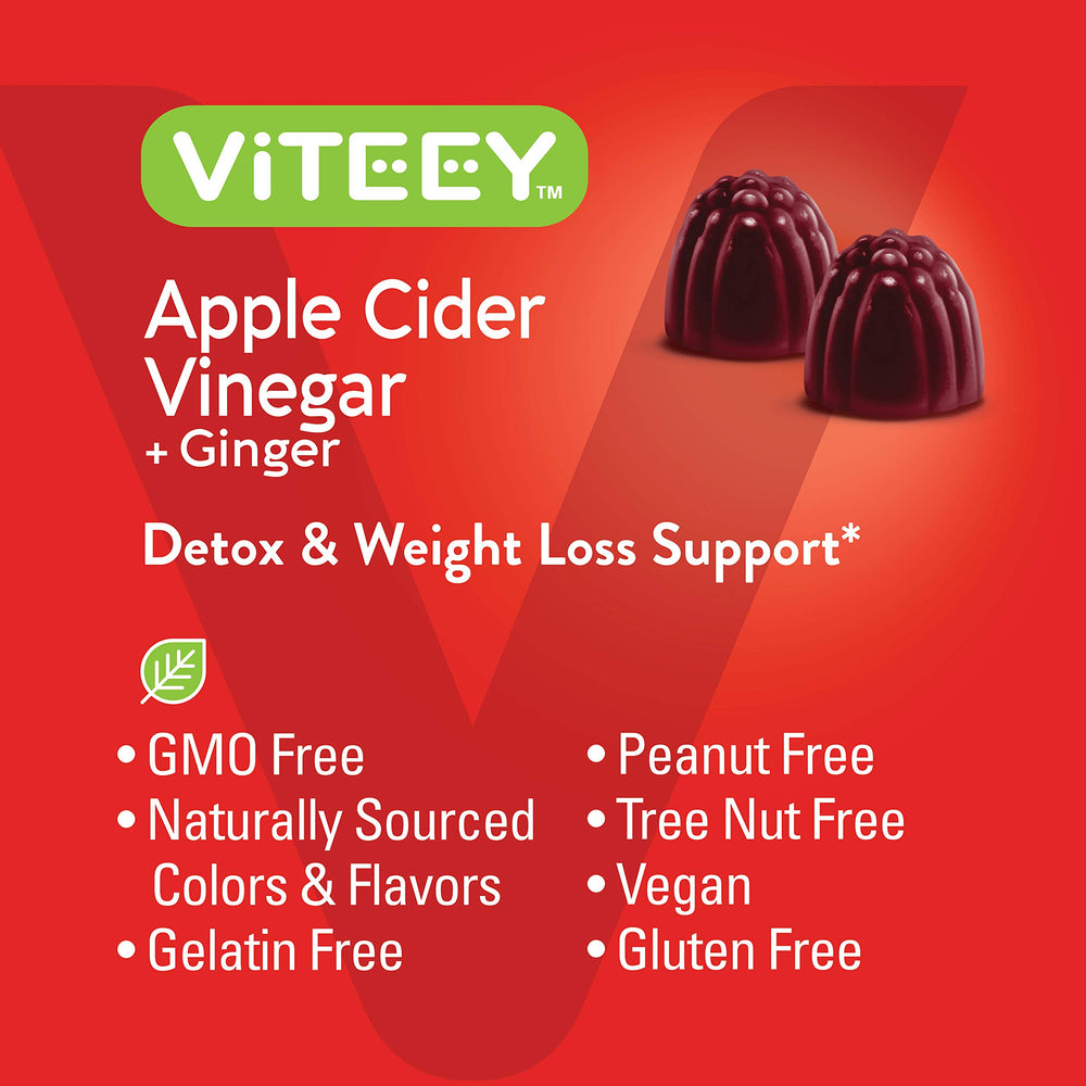 Viteey gummies pouring from bottle into glass for easy daily use.