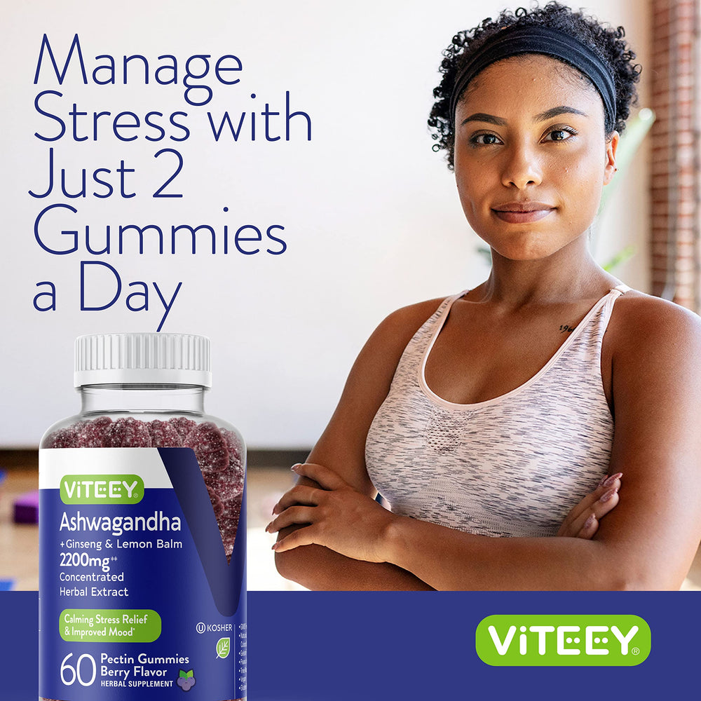 Viteey Ashwagandha Gummies label shows vegan, gluten-free ingredients.
