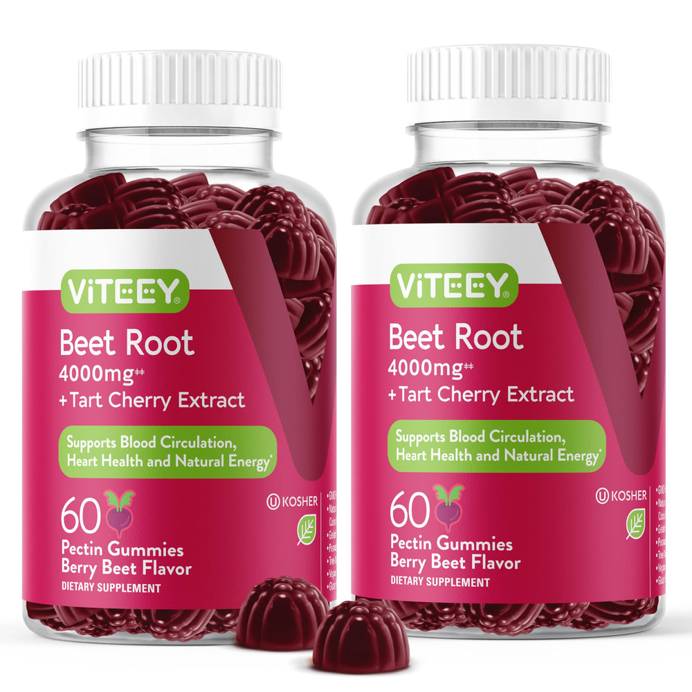 Viteey Beet Root Gummies bottle display, convenient daily supplement for heart health support.