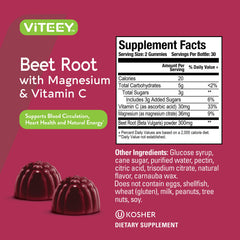 Viteey Beet Root Gummies ingredients panel emphasizes vegan, gluten-free benefits.
