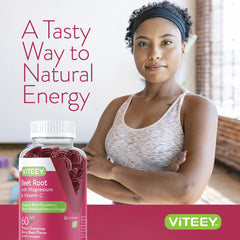 Viteey Beet Root Gummies vegan gluten-free label highlights allergy-friendly, plant-based supplement option.