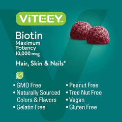 Viteey Biotin Gummies gluten-free option for gluten-sensitive routines.
