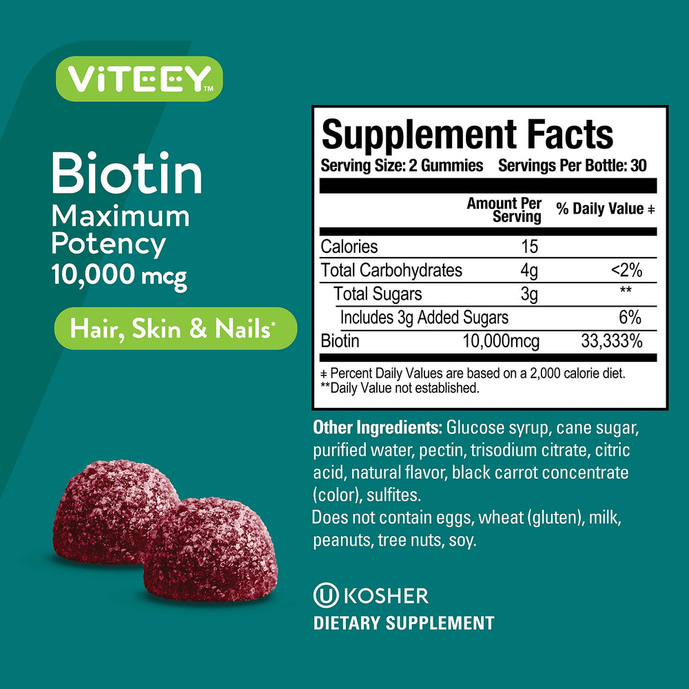 Viteey Biotin Gummies vegan non-GMO formula for clean daily use.