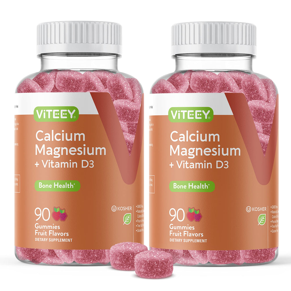 Viteey calcium gummies bottle front showing fruit-flavored chews for daily bone health