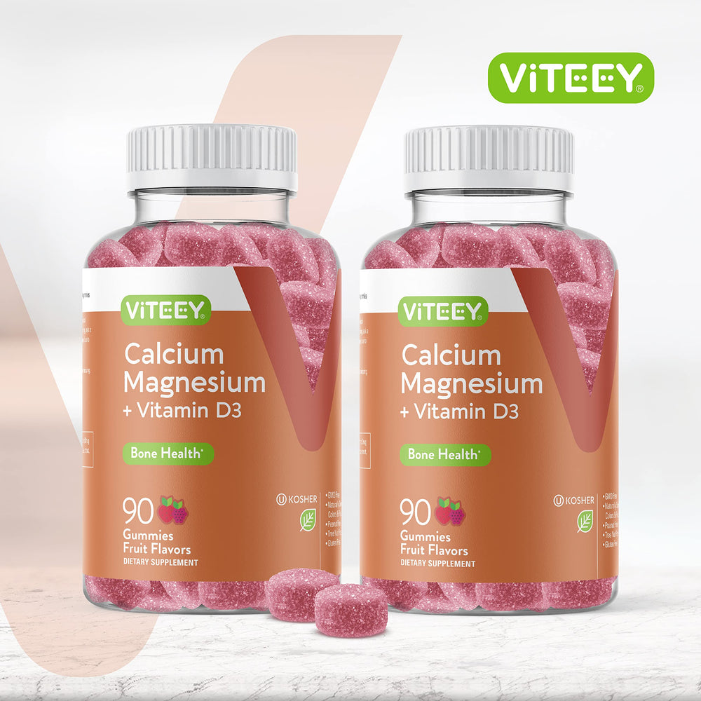 Viteey calcium gummies bottle label featuring Vitamin D3 and magnesium for bone support