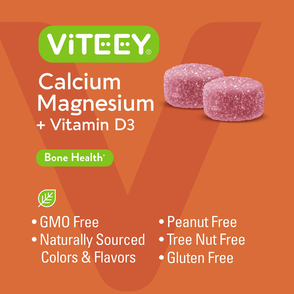 Viteey calcium gummies packaging close-up emphasizes clean ingredients and flavor