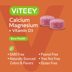 Viteey calcium gummies packaging close-up emphasizes clean ingredients and flavor