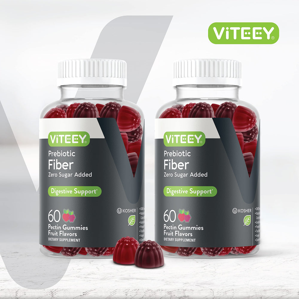Close-up of fruity Viteey gummies highlighting zero sugar and tasty flavor.