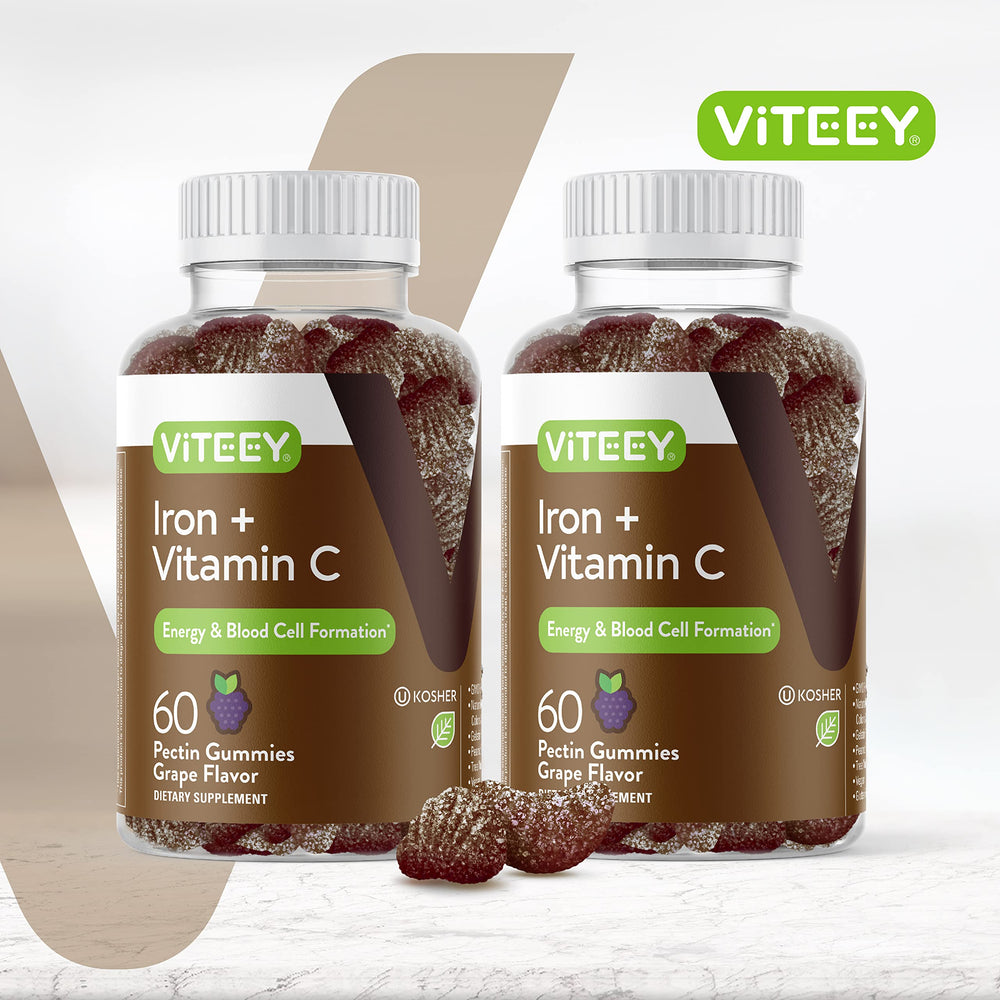 Viteey grape-flavored gummies close-up for easy chewable iron on the go.