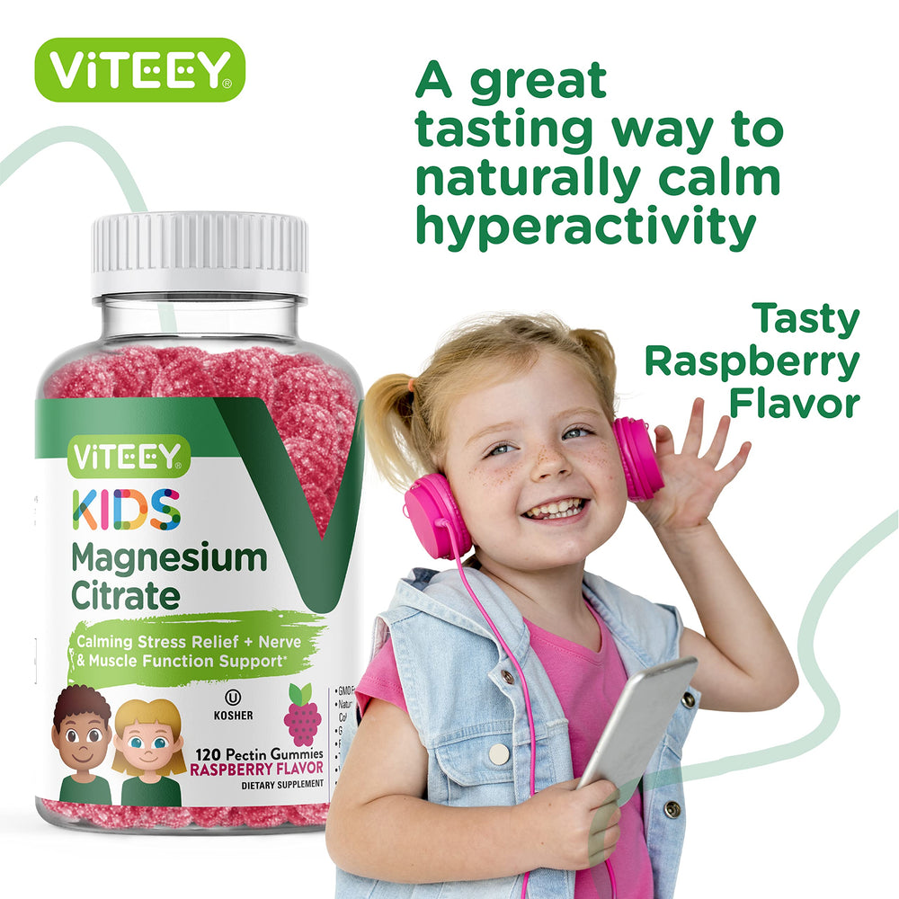 Viteey Kids Magnesium Citrate Gummies kid-friendly raspberry flavor close-up.