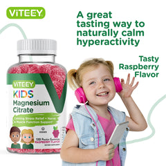 Viteey Kids Magnesium Citrate Gummies kid-friendly raspberry flavor close-up.