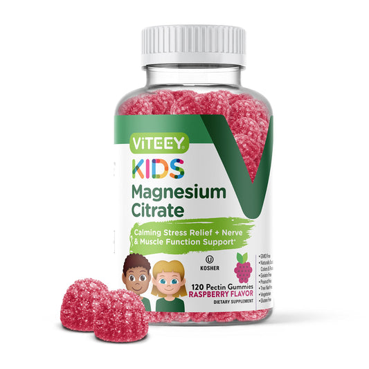Viteey Kids Magnesium Citrate Gummies raspberry bottle promoting relaxed evenings.