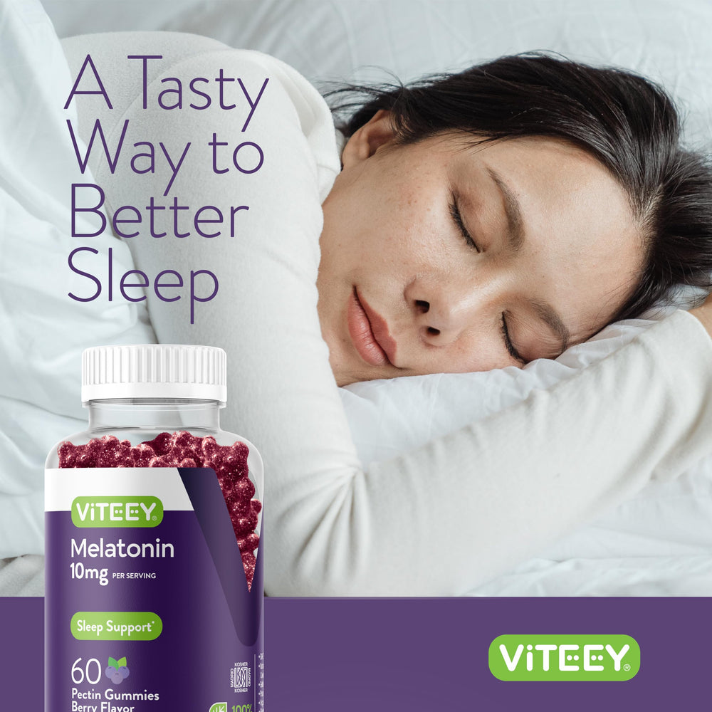 Viteey Melatonin Gummies close-up with vivid berry color and clean ingredients