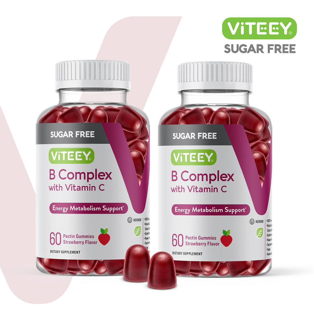 Close-up of Viteey B Complex gummies, convenient sugar-free vitamin option