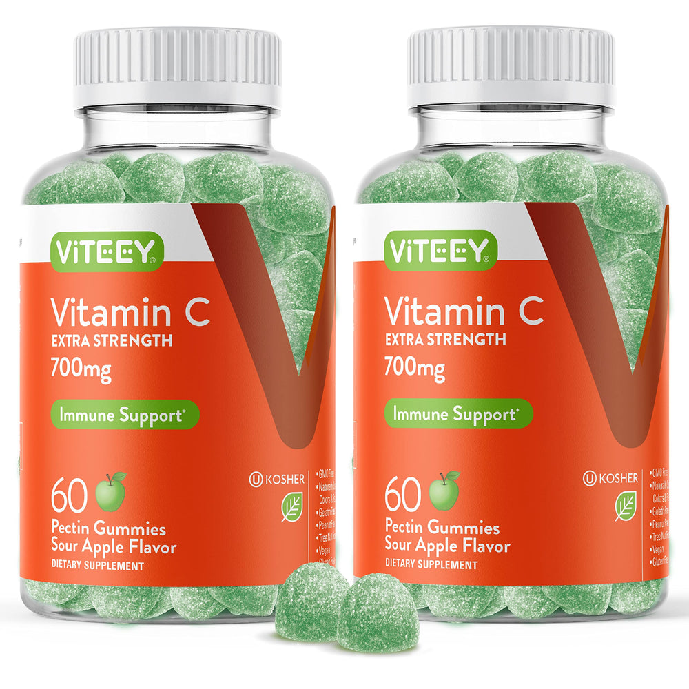 Viteey Vitamin C gummies bottle showing sour apple flavor for daily immune support.