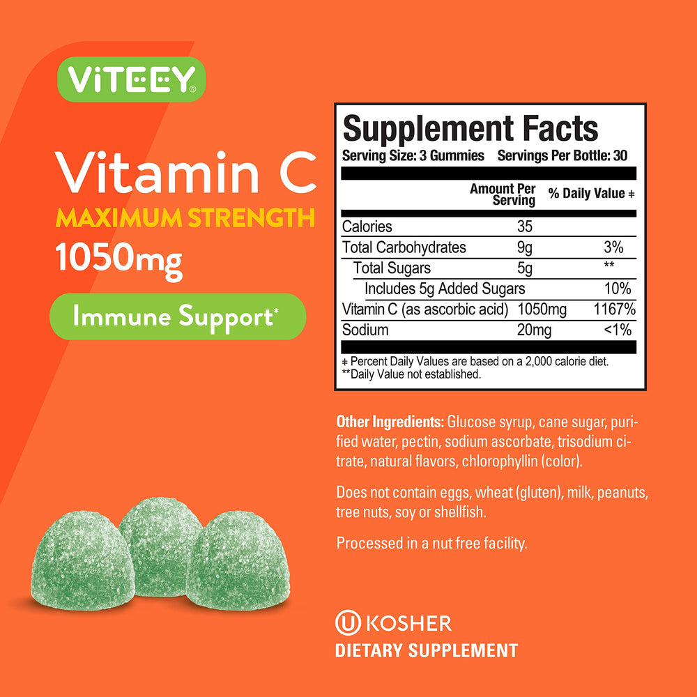 3-gummy serving visual demonstrating 1050mg vitamin C per serving.