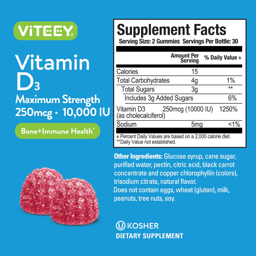 Viteey D3 berry flavor label highlighting tasty, convenient supplement.
