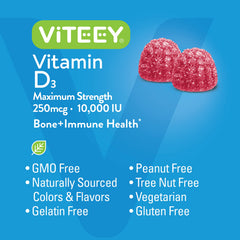 Viteey Vitamin D3 gummies packaging showing kosher certified and allergen-friendly features.