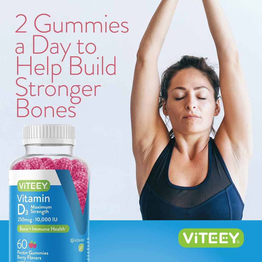 Viteey D3 gummies nutrition facts panel with 10,000 IU per serving.