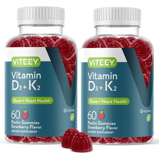 Viteey Vitamin D3 K2 gummies strawberry bottle offers tasty bone and heart support.