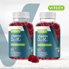 Viteey D3 K2 gummies jar closeup highlights strawberry flavor and easy daily use.