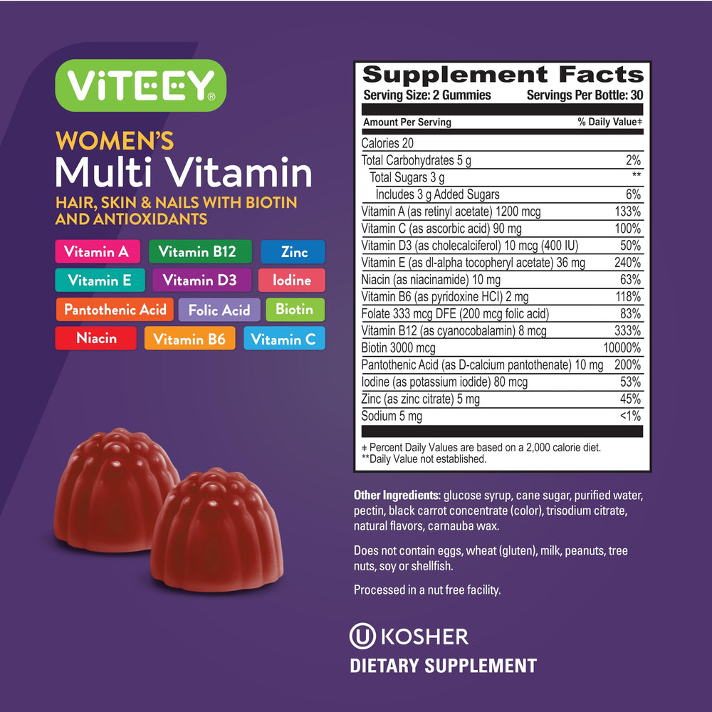 Viteey Berry-flavored gummies with vitamins and minerals in nutrition label view.