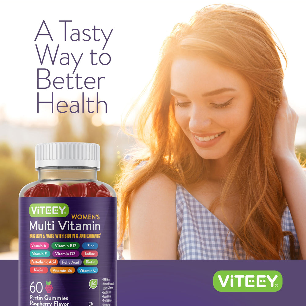 Viteey Raspberry flavored multivitamin gummies packaging highlighting ingredients.