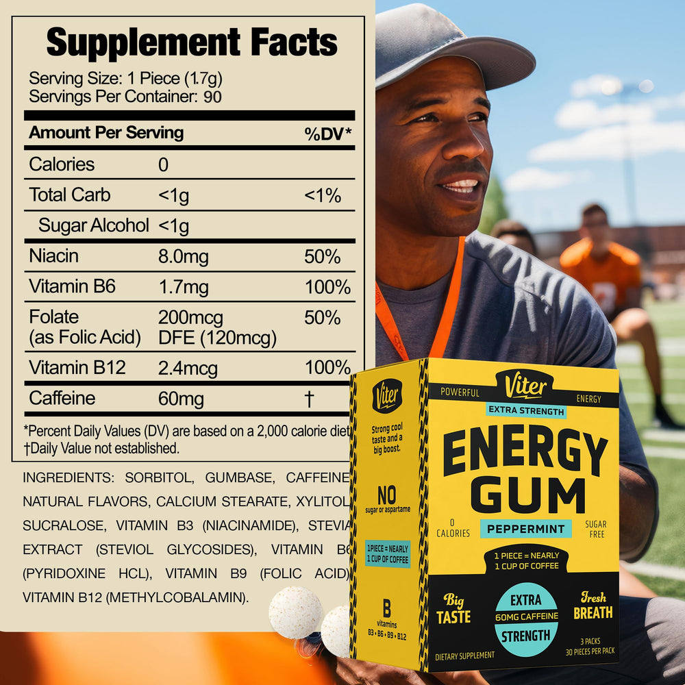 Viter Energy individual gum piece ready to chew during a commute.