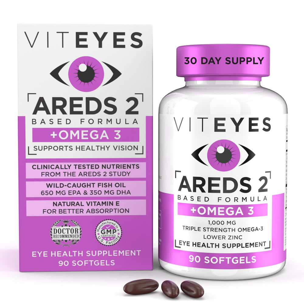 Viteyes AREDS2 Omega-3 softgels bottle supports daily eye health routine