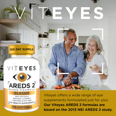 Viteyes AREDS 2 softgels bottle on shelf for easy daily dosage and digestion.